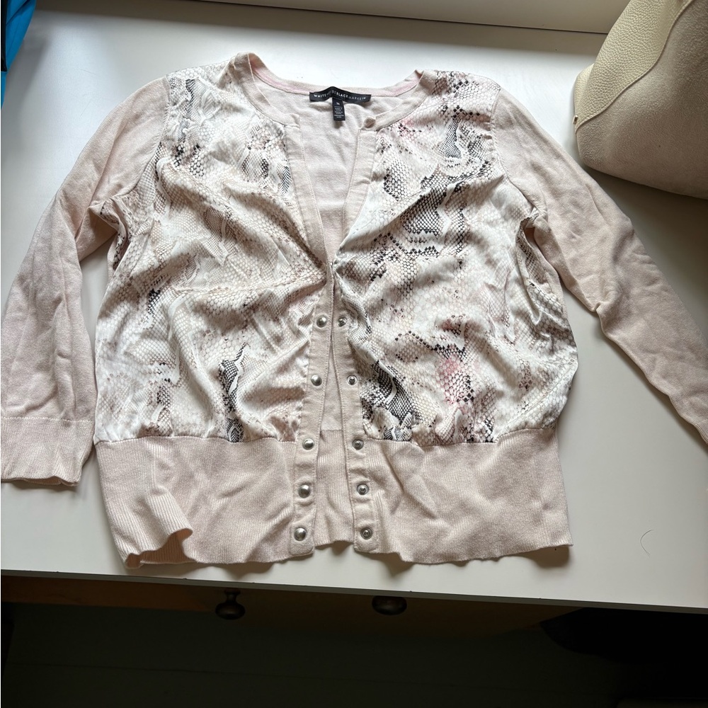 White House Black Market Pink and White Cardigan Sweater